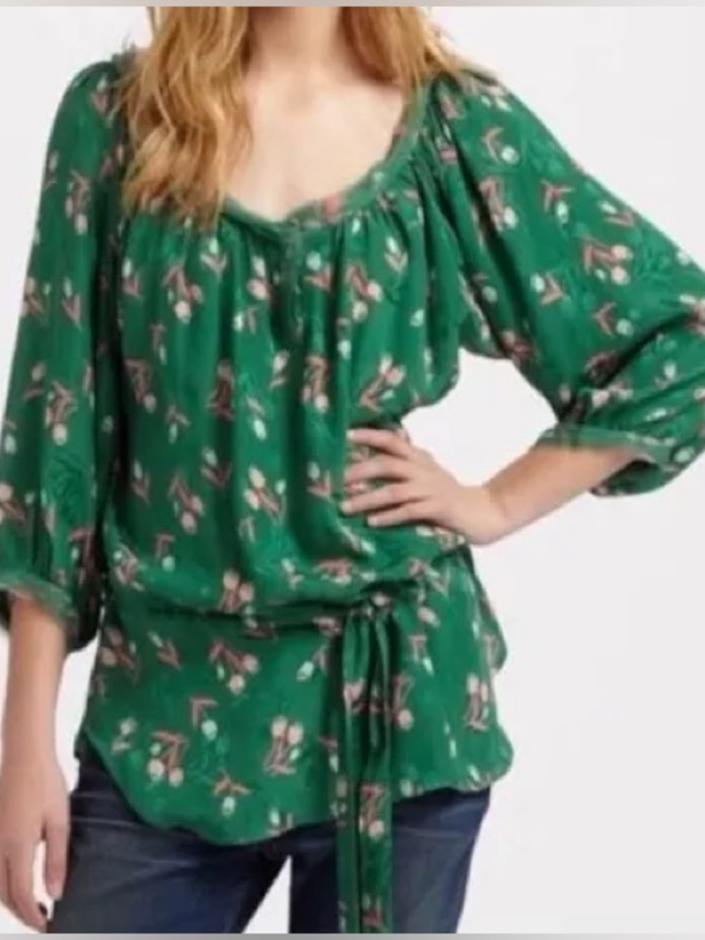 Rebecca Taylor Green Floral Tie-Waist Peasant Blouse  Sz 6